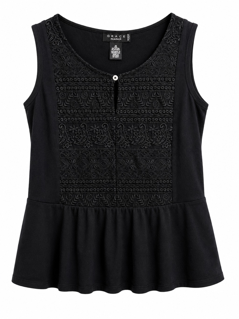 Grace Black Sleeveless Peplum Tank with Embroidered Front